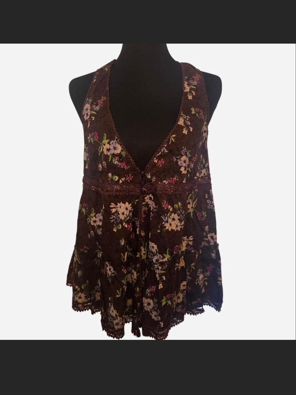Charlotte Russe Floral Lace-Trim V-Neck Sleeveless Top in Dark Brown Size Small